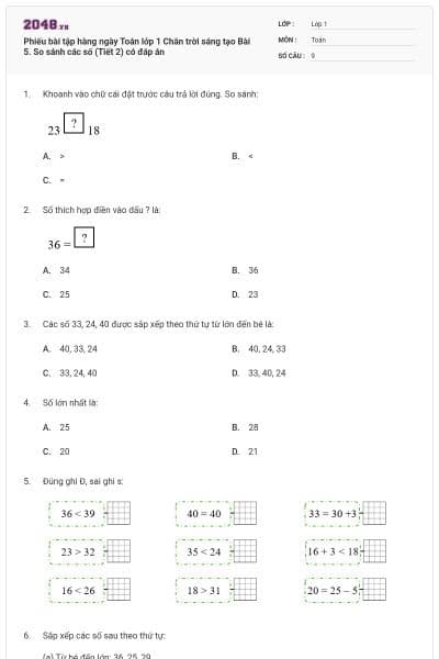 Phiếu bài tập hàng ngày Toán lớp 1 Chân trời sáng tạo Bài 5. So sánh các số (Tiết 2) có đáp án