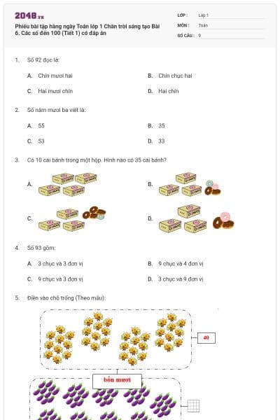 Phiếu bài tập hàng ngày Toán lớp 1 Chân trời sáng tạo Bài 6. Các số đến 100 (Tiết 1) có đáp án