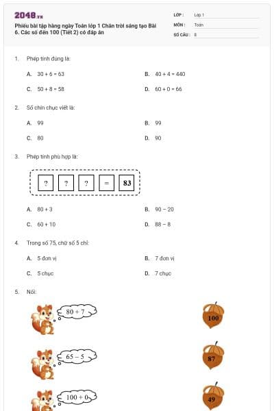 Phiếu bài tập hàng ngày Toán lớp 1 Chân trời sáng tạo Bài 6. Các số đến 100 (Tiết 2) có đáp án