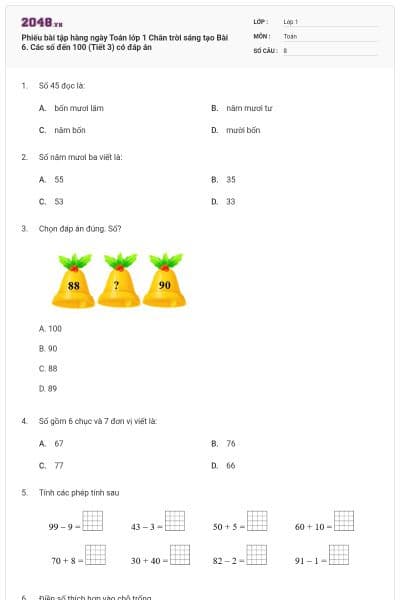 Phiếu bài tập hàng ngày Toán lớp 1 Chân trời sáng tạo Bài 6. Các số đến 100 (Tiết 3) có đáp án