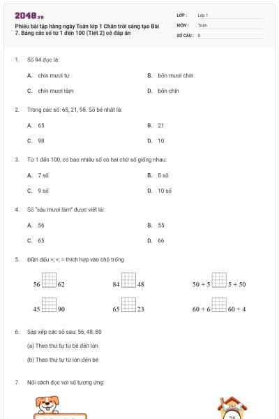 Phiếu bài tập hàng ngày Toán lớp 1 Chân trời sáng tạo Bài 7. Bảng các số từ 1 đến 100 (Tiết 2) có đáp án