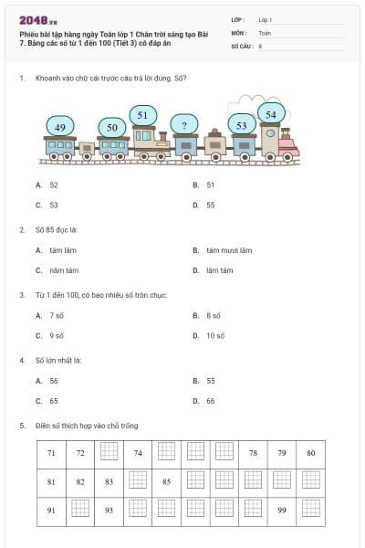 Phiếu bài tập hàng ngày Toán lớp 1 Chân trời sáng tạo Bài 7. Bảng các số từ 1 đến 100 (Tiết 3) có đáp án