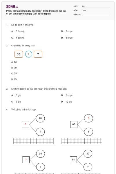 Phiếu bài tập hàng ngày Toán lớp 1 Chân trời sáng tạo Bài 9. Em làm được những gì (tiết 1) có đáp án