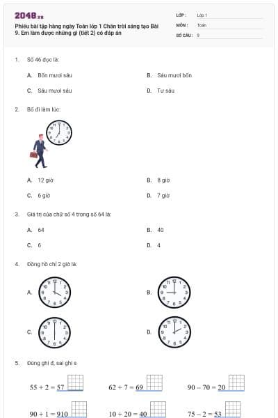 Phiếu bài tập hàng ngày Toán lớp 1 Chân trời sáng tạo Bài 9. Em làm được những gì (tiết 2) có đáp án