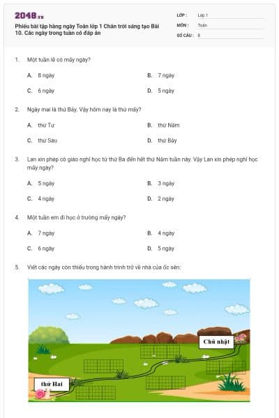 Phiếu bài tập hàng ngày Toán lớp 1 Chân trời sáng tạo Bài 10. Các ngày trong tuần có đáp án