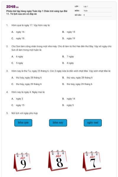 Phiếu bài tập hàng ngày Toán lớp 1 Chân trời sáng tạo Bài 11. Tờ lịch của em có đáp án