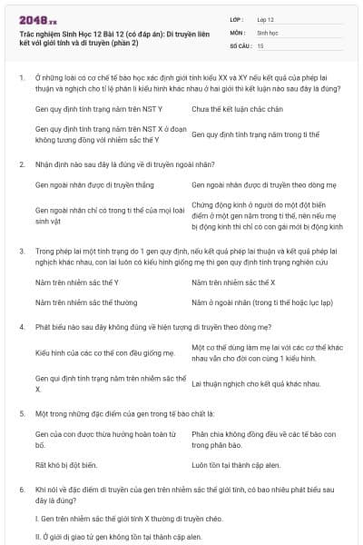 Trắc nghiệm Sinh Học 12 Bài 12 (có đáp án): Di truyền liên kết với giới tính và di truyền (phần 2)