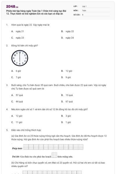 Phiếu bài tập hàng ngày Toán lớp 1 Chân trời sáng tạo Bài 12. Thực hành và trải nghiệm Em và các bạn có đáp án