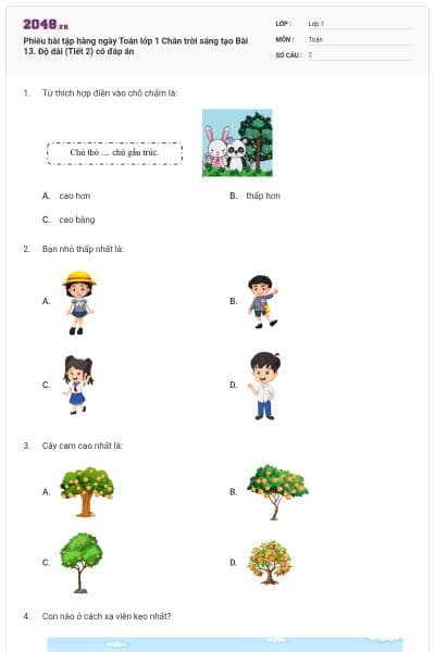 Phiếu bài tập hàng ngày Toán lớp 1 Chân trời sáng tạo Bài 13. Độ dài (Tiết 2) có đáp án