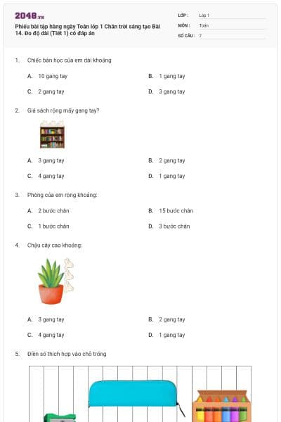 Phiếu bài tập hàng ngày Toán lớp 1 Chân trời sáng tạo Bài 14. Đo độ dài (Tiết 1) có đáp án