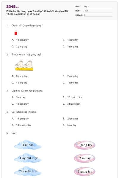 Phiếu bài tập hàng ngày Toán lớp 1 Chân trời sáng tạo Bài 14. Đo độ dài (Tiết 2) có đáp án