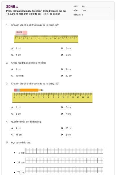 Phiếu bài tập hàng ngày Toán lớp 1 Chân trời sáng tạo Bài 15. Xăng-ti-mét. Đơn vị đo độ dài (Tiết 1) có đáp án