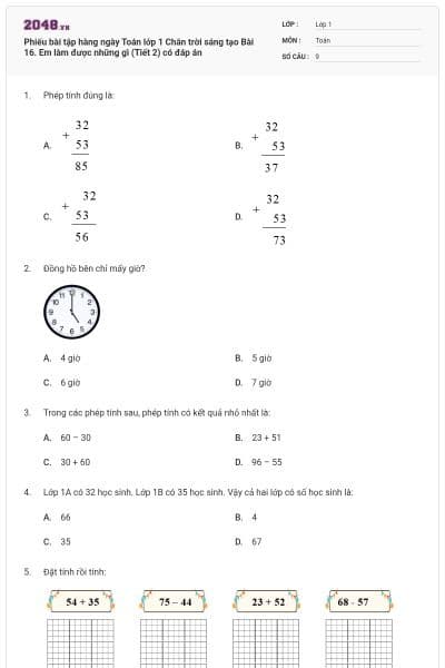Phiếu bài tập hàng ngày Toán lớp 1 Chân trời sáng tạo Bài 16. Em làm được những gì (Tiết 2) có đáp án