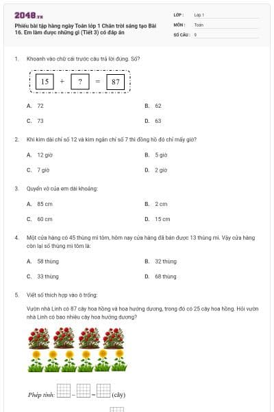 Phiếu bài tập hàng ngày Toán lớp 1 Chân trời sáng tạo Bài 16. Em làm được những gì (Tiết 3) có đáp án