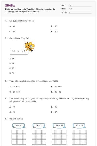 Phiếu bài tập hàng ngày Toán lớp 1 Chân trời sáng tạo Bài 17. Ôn tập cuối năm (Tiết 2) có đáp án