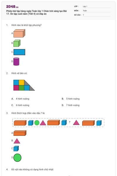 Phiếu bài tập hàng ngày Toán lớp 1 Chân trời sáng tạo Bài 17. Ôn tập cuối năm (Tiết 4) có đáp án
