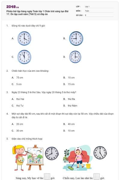 Phiếu bài tập hàng ngày Toán lớp 1 Chân trời sáng tạo Bài 17. Ôn tập cuối năm (Tiết 5) có đáp án