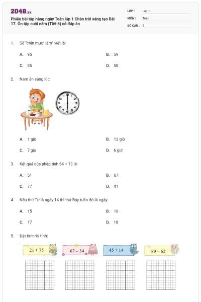 Phiếu bài tập hàng ngày Toán lớp 1 Chân trời sáng tạo Bài 17. Ôn tập cuối năm (Tiết 6) có đáp án