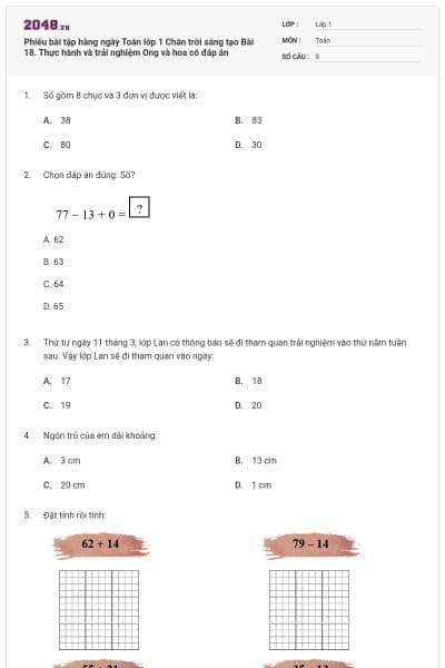 Phiếu bài tập hàng ngày Toán lớp 1 Chân trời sáng tạo Bài 18. Thực hành và trải nghiệm Ong và hoa có đáp án