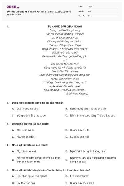 Bộ 5 đề thi giữa kì 1 Văn 6 Kết nối tri thức (2023-2024) có đáp án - Đề 4