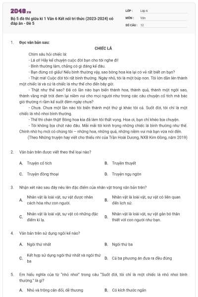 Bộ 5 đề thi giữa kì 1 Văn 6 Kết nối tri thức (2023-2024) có đáp án - Đề 5