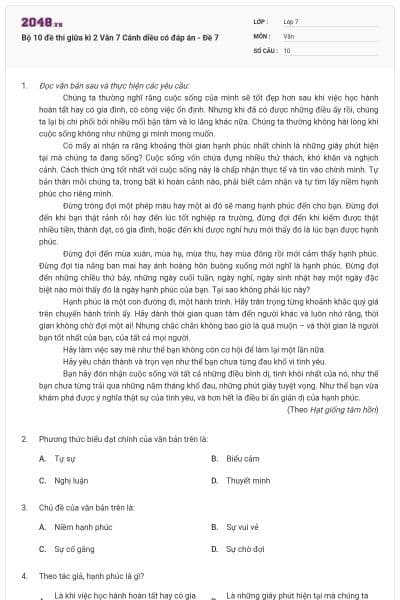 Bộ 10 đề thi giữa kì 2 Văn 7 Cánh diều có đáp án - Đề 7