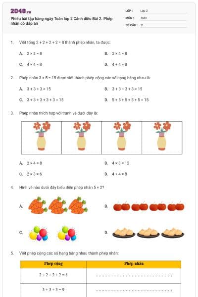 Phiếu bài tập hàng ngày Toán lớp 2 Cánh diều Bài 2. Phép nhân có đáp án