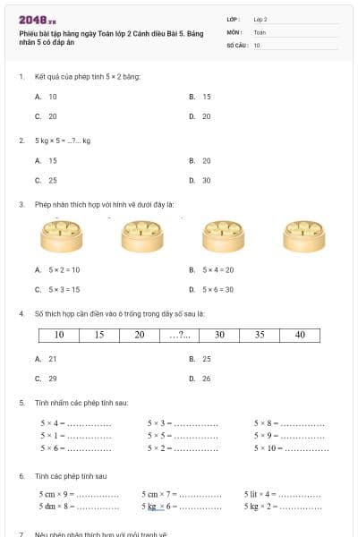Phiếu bài tập hàng ngày Toán lớp 2 Cánh diều Bài 5. Bảng nhân 5 có đáp án