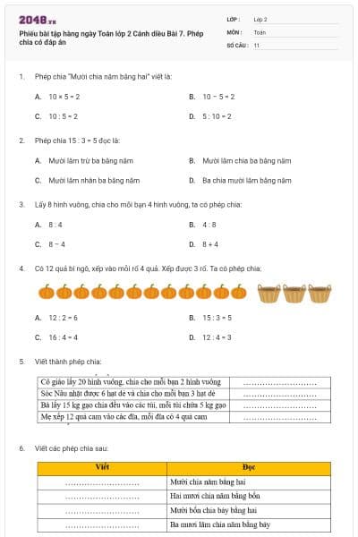 Phiếu bài tập hàng ngày Toán lớp 2 Cánh diều Bài 7. Phép chia có đáp án
