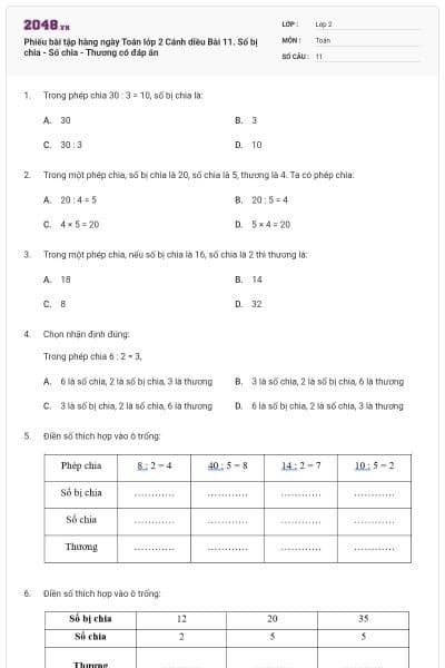 Phiếu bài tập hàng ngày Toán lớp 2 Cánh diều Bài 11. Số bị chia - Số chia - Thương có đáp án
