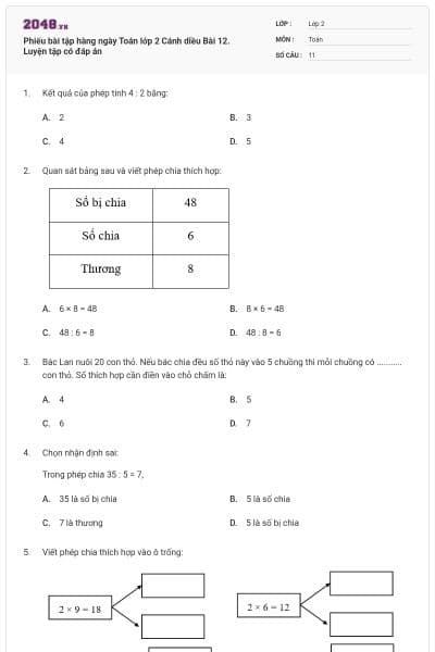 Phiếu bài tập hàng ngày Toán lớp 2 Cánh diều Bài 12. Luyện tập có đáp án