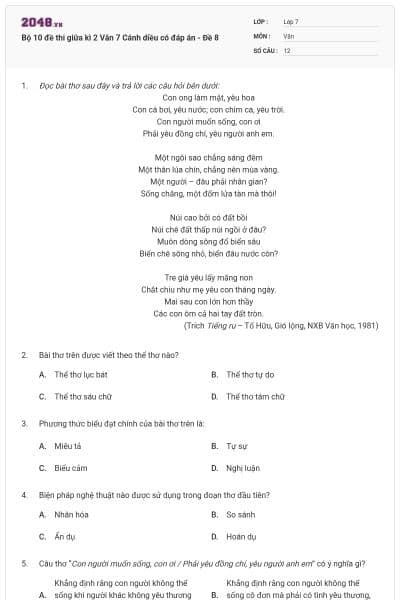 Bộ 10 đề thi giữa kì 2 Văn 7 Cánh diều có đáp án - Đề 8