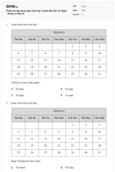 Phiếu bài tập hàng ngày Toán lớp 2 Cánh diều Bài 18. Ngày - tháng có đáp án
