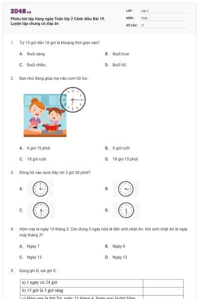 Phiếu bài tập hàng ngày Toán lớp 2 Cánh diều Bài 19. Luyện tập chung có đáp án