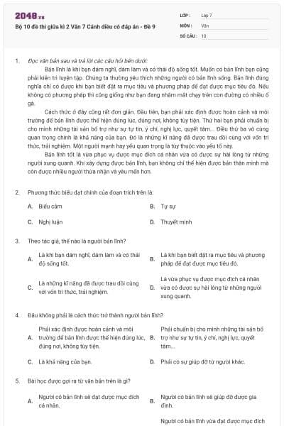 Bộ 10 đề thi giữa kì 2 Văn 7 Cánh diều có đáp án - Đề 9