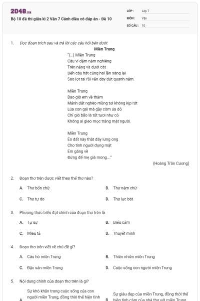 Bộ 10 đề thi giữa kì 2 Văn 7 Cánh diều có đáp án - Đề 10