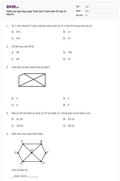 Phiếu bài tập hàng ngày Toán lớp 2 Cánh diều Ôn tập có đáp án