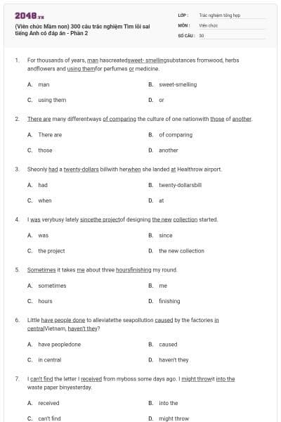 (Viên chức Mầm non) 300 câu trắc nghiệm Tìm lỗi sai tiếng Anh có đáp án - Phần 2