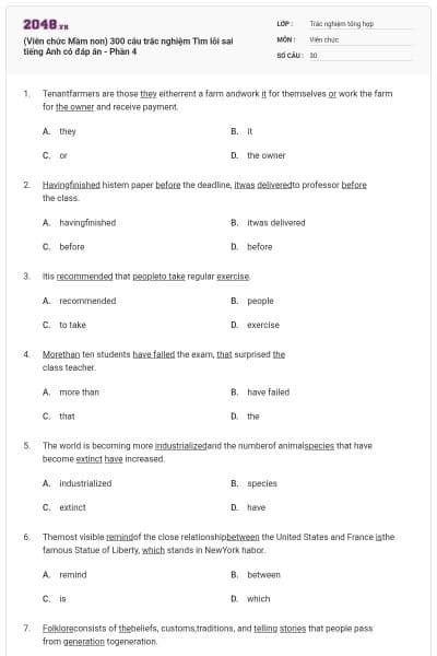 (Viên chức Mầm non) 300 câu trắc nghiệm Tìm lỗi sai tiếng Anh có đáp án - Phần 4