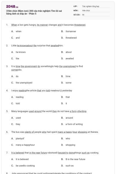 (Viên chức Mầm non) 300 câu trắc nghiệm Tìm lỗi sai tiếng Anh có đáp án - Phần 5