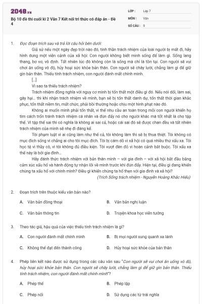 Bộ 10 đề thi cuối kì 2 Văn 7 Kết nối tri thức có đáp án - Đề 4