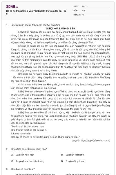 Bộ 10 đề thi cuối kì 2 Văn 7 Kết nối tri thức có đáp án - Đề 6