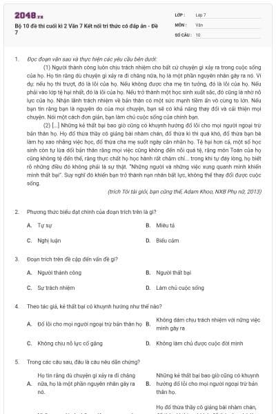Bộ 10 đề thi cuối kì 2 Văn 7 Kết nối tri thức có đáp án - Đề 7