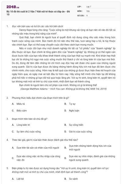 Bộ 10 đề thi cuối kì 2 Văn 7 Kết nối tri thức có đáp án - Đề 10