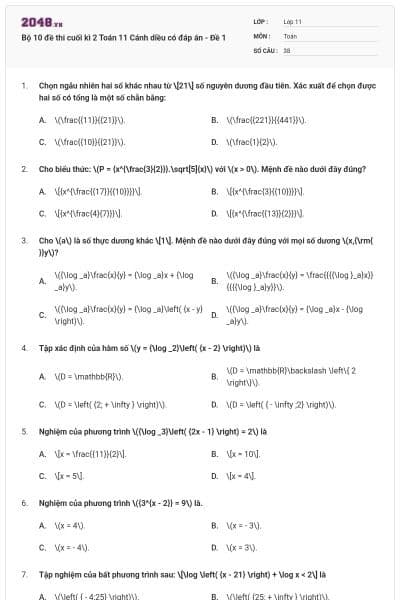 Bộ 10 đề thi cuối kì 2 Toán 11 Cánh diều có đáp án - Đề 1