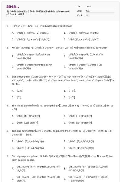 Bộ 10 đề thi cuối kì 2 Toán 10 Kết nối tri thức cấu trúc mới có đáp án - Đề 7