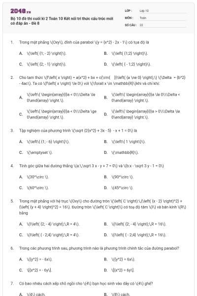 Bộ 10 đề thi cuối kì 2 Toán 10 Kết nối tri thức cấu trúc mới có đáp án - Đề 8