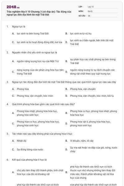 Trắc nghiệm Địa lí 10 Chương 3 (có đáp án): Tác động của ngoại lực đến địa hình bề mặt Trái Đất
