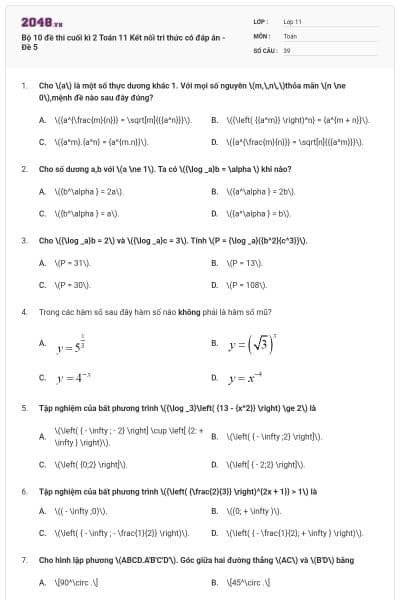 Bộ 10 đề thi cuối kì 2 Toán 11 Kết nối tri thức có đáp án - Đề 5