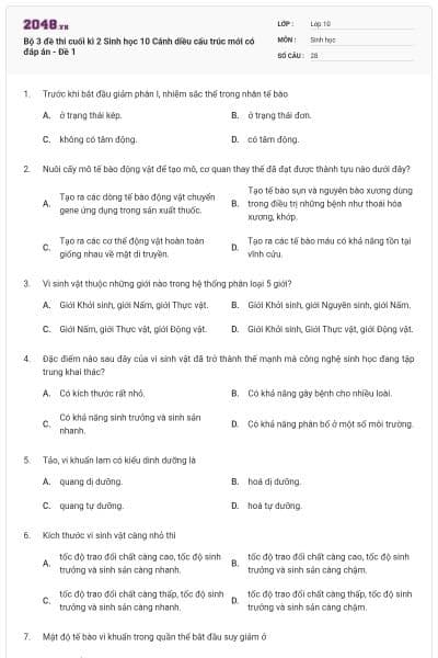 Bộ 3 đề thi cuối kì 2 Sinh học 10 Cánh diều cấu trúc mới có đáp án - Đề 1